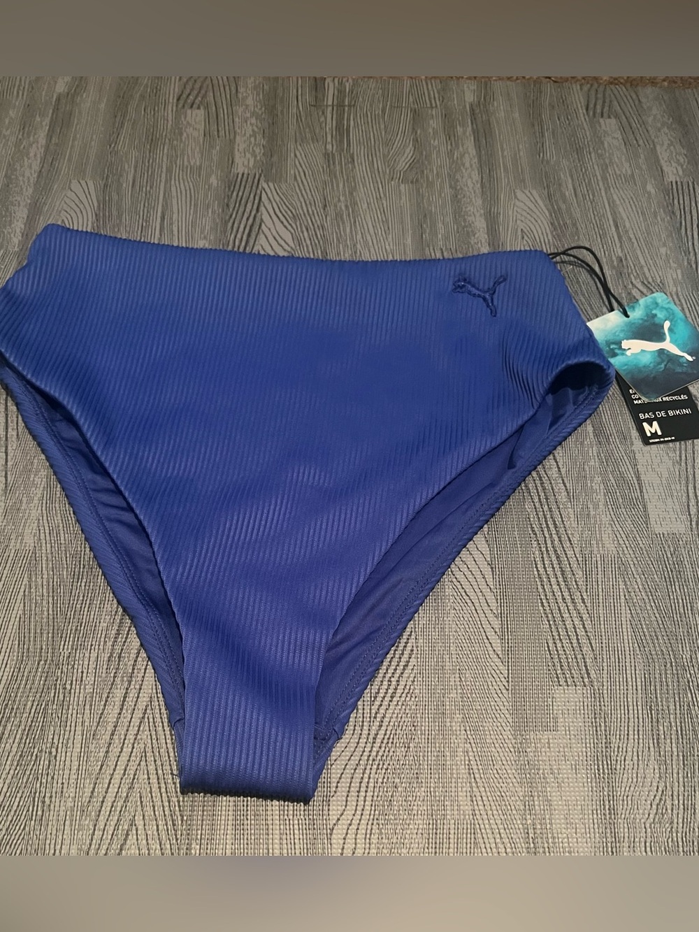 PUMA Women's Ribbed Blue High Waist Bikini Swim Bottoms Swimsuit Size M